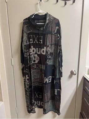 Graphic Patchwork Long Hoodie Dress in Muted Teal, Olive, Burgundy